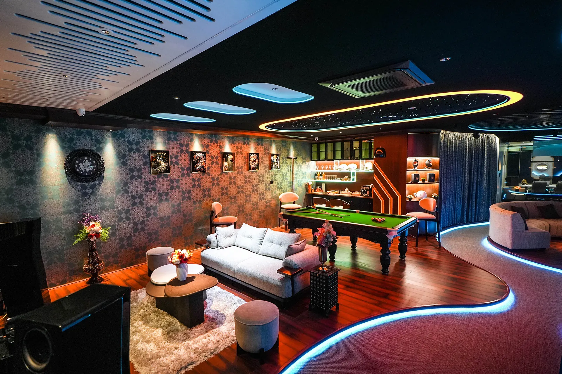 USK bar and games lounge with pool table and LED cove lighting