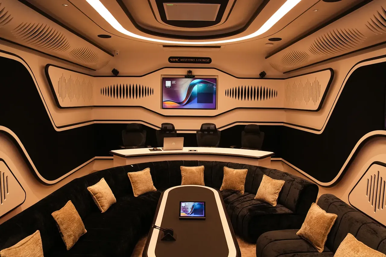 USK Meeting Lounge boardroom with curved velvet seating and 4K display